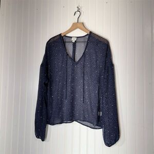 Peyton Jensen Navy Sheer Leopard Print Blouse L Made in USA Y2K Grunge Top
